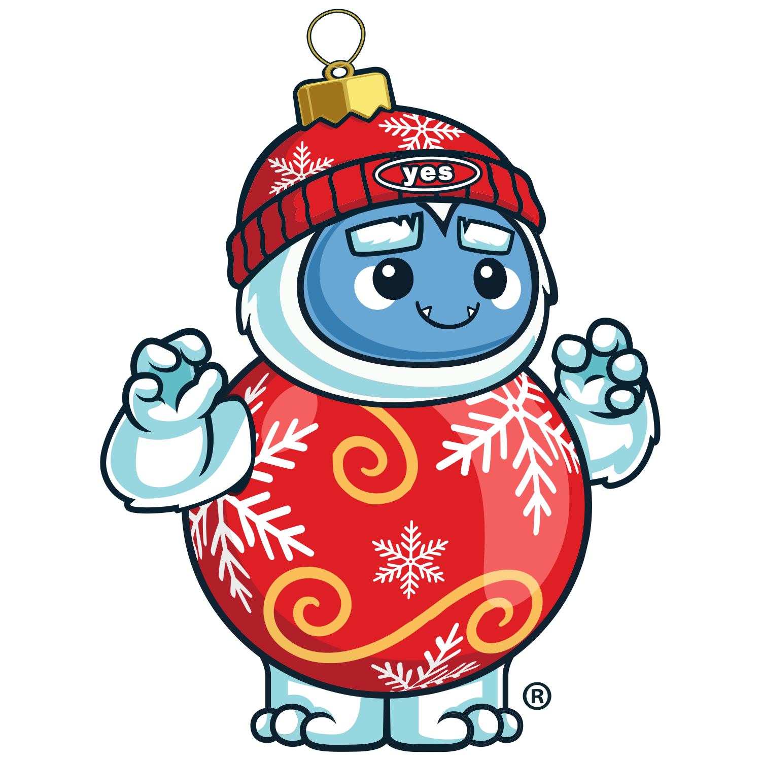 Cute yeti wearing festive ornament hat