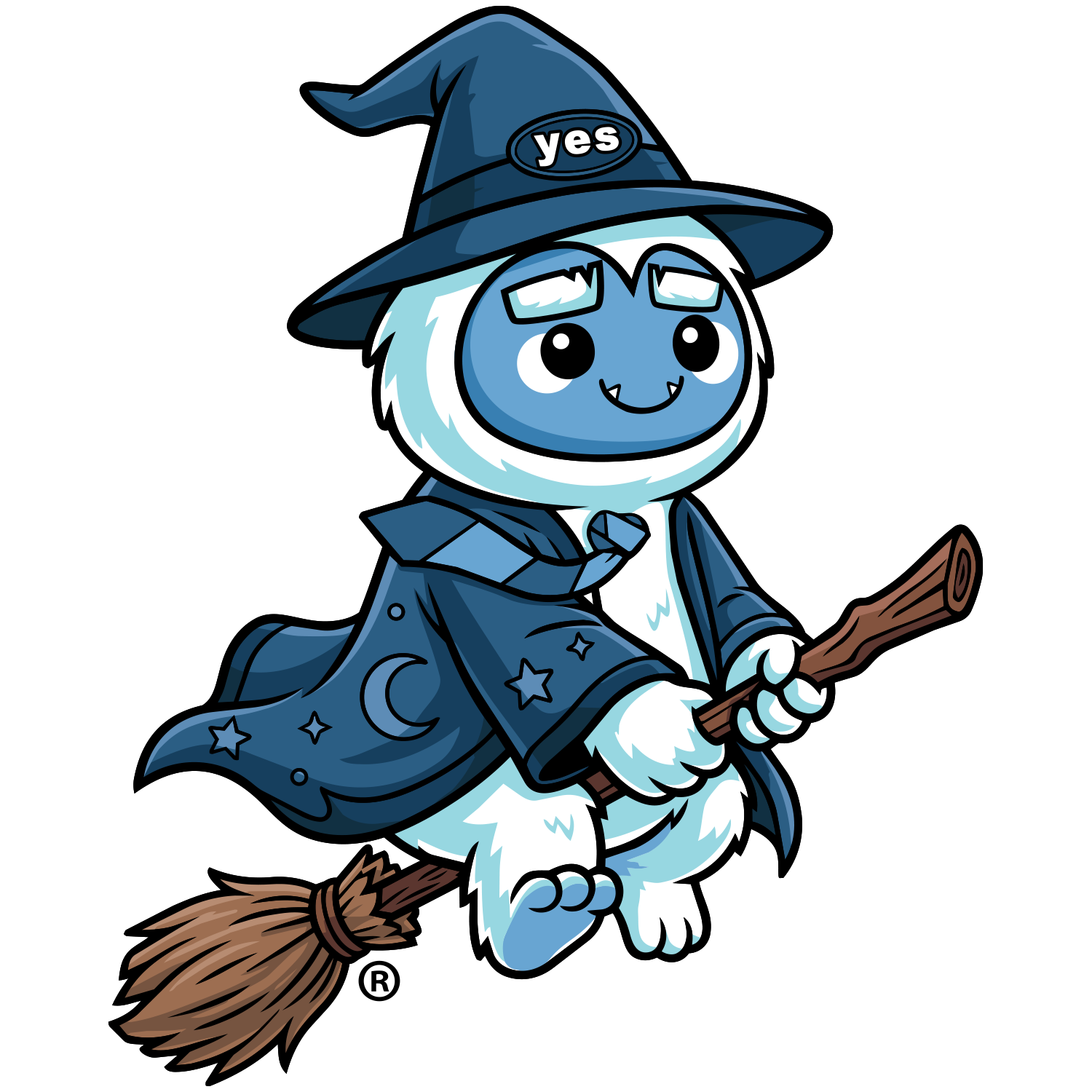 Yeti in wizard hat on broom