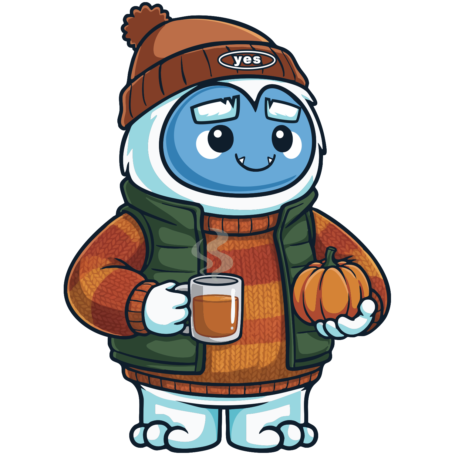Yeti holding pumpkin and drink